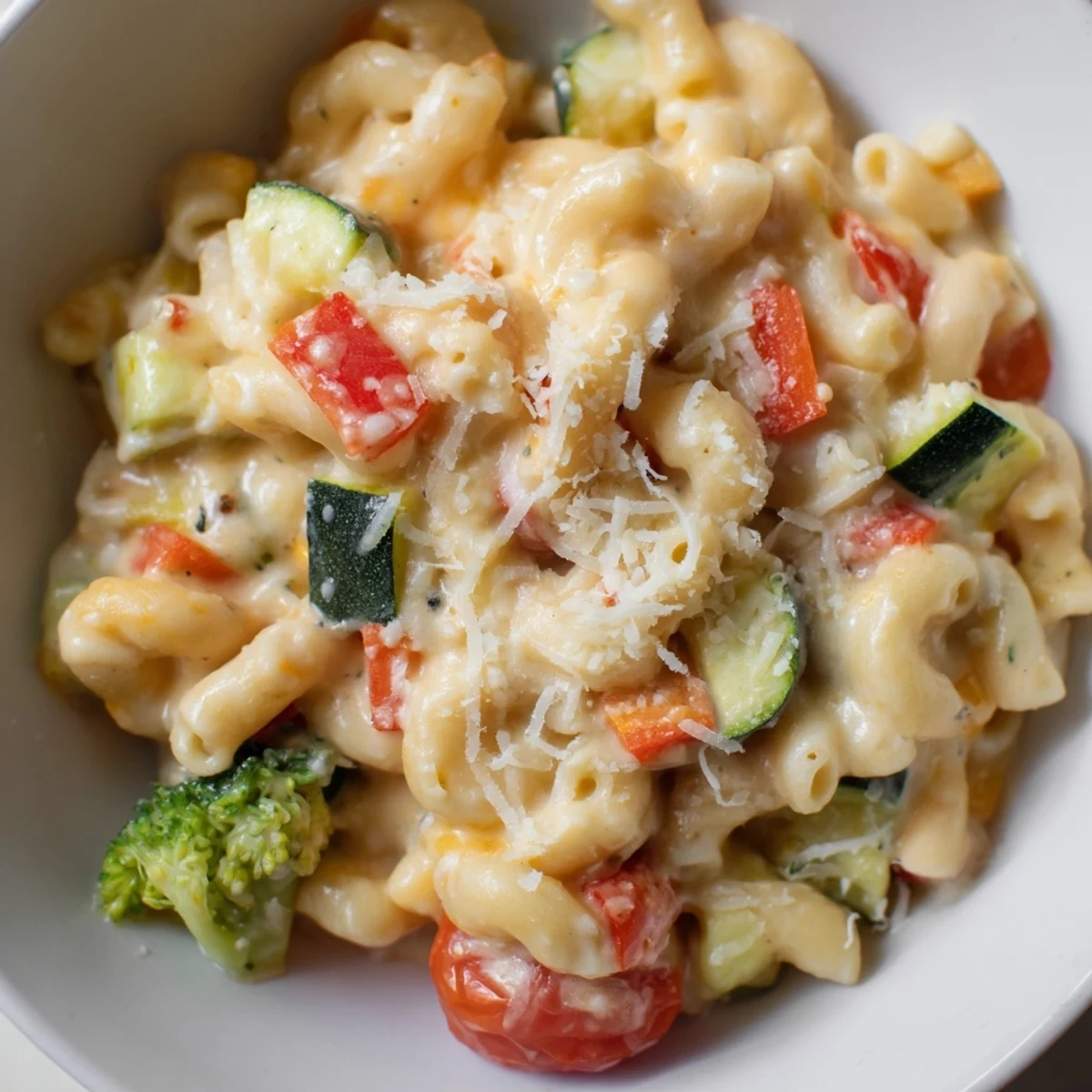 Steam rises from a bowl of Roasted Veggie Mac & Cheese featuring cheesy pasta and caramelized zucchini, perfect for a cozy dinner.