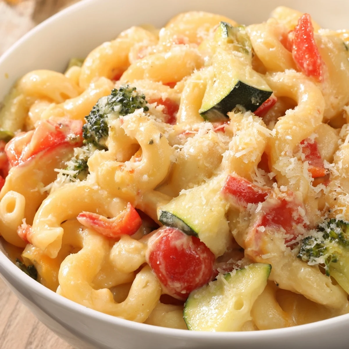 Roasted Veggie Mac & Cheese served warm with golden roasted red bell peppers and broccoli on a rustic wooden table.