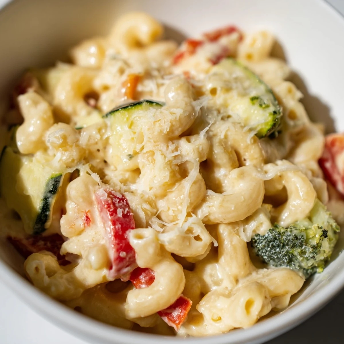 Close-up of Roasted Veggie Mac & Cheese with melted cheddar sauce and colorful roasted vegetables, garnished with fresh parsley.