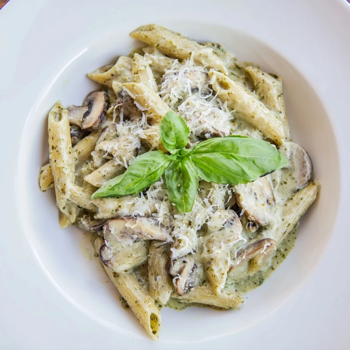 Creamy Mushroom Pesto Pasta with sautéed cremini mushrooms, fresh basil, and grated Parmesan served in a white bowl.