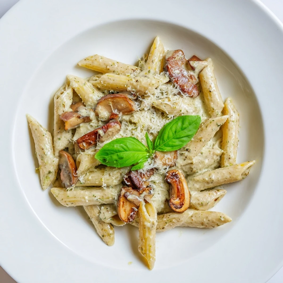 Steaming plate of Mushroom Pesto Pasta featuring golden mushrooms and al dente penne, ready for a cozy vegetarian dinner.