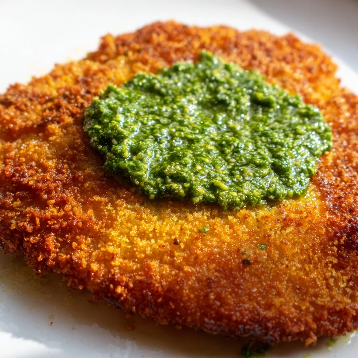 Golden-brown crispy pesto chicken cutlets resting on a platter, topped with a vibrant dollop of fresh basil pesto.