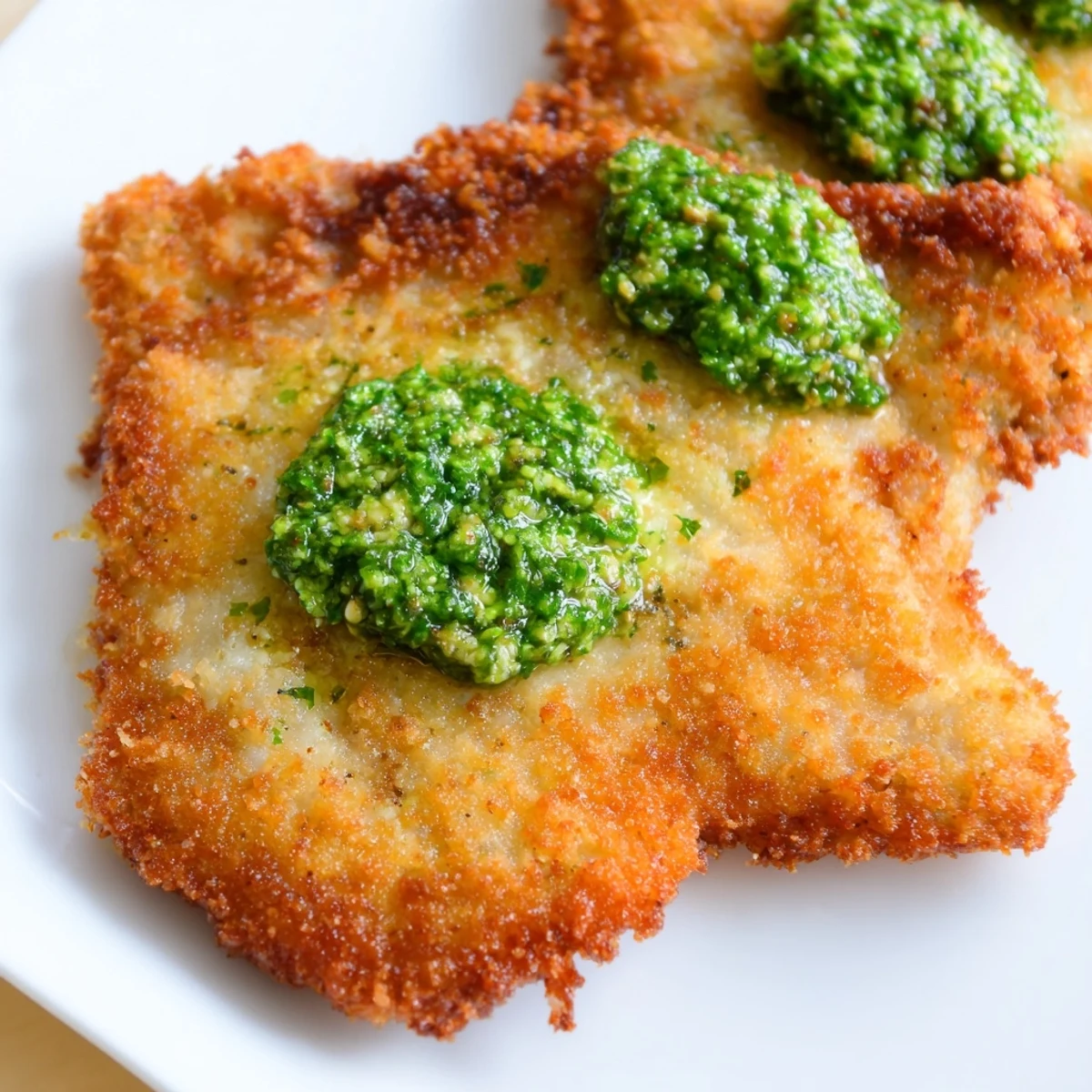 A close-up of a golden, Parmesan-crusted chicken cutlet drizzled with pesto, served alongside lemon wedges for brightness.