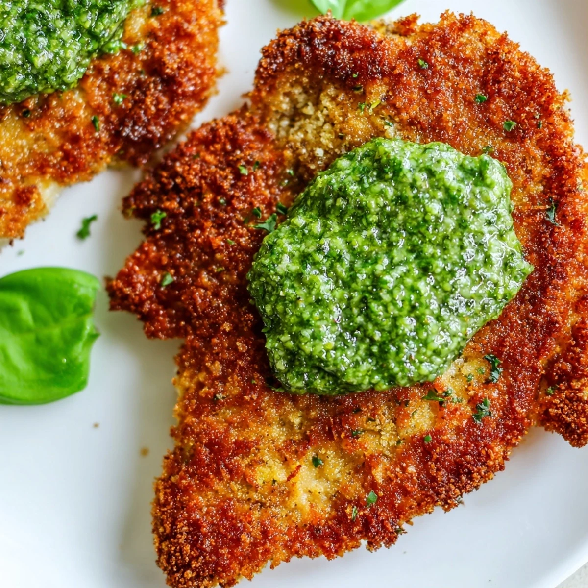 Freshly fried crispy pesto chicken cutlets on a plate, garnished with basil leaves and ready for a weeknight dinner.