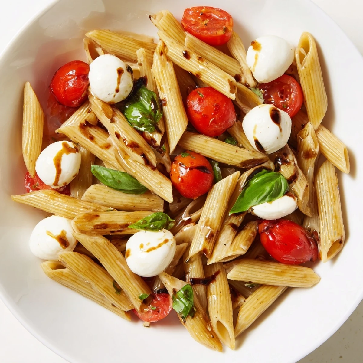 A vibrant Caprese Salad Pasta features halved cherry tomatoes, creamy mozzarella pearls, and fresh basil tossed with al dente penne and olive oil.