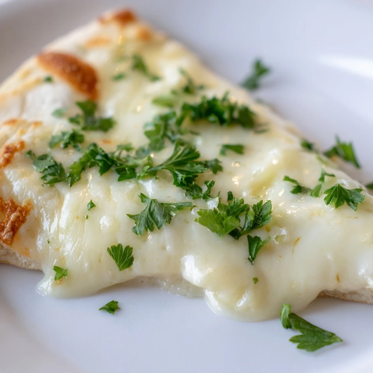 Golden, bubbling mozzarella and creamy garlic sauce cover a crisp pizza crust, served fresh and ready to slice.