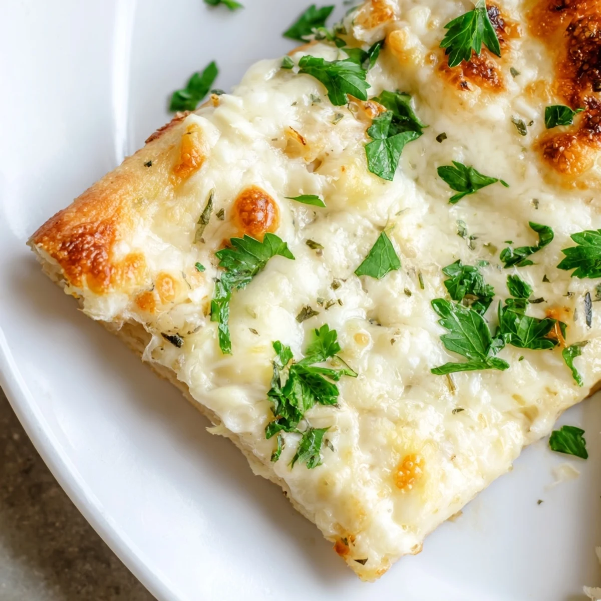 A white pizza topped with velvety garlic cream sauce and melted mozzarella, baked to golden perfection on a crusty round.