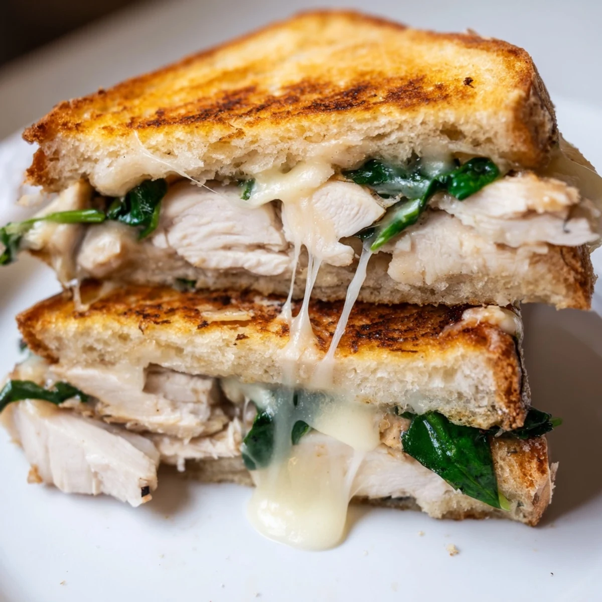 Golden-grilled chicken panini layered with fresh spinach and melty mozzarella on crusty, garlic-buttered bread.  