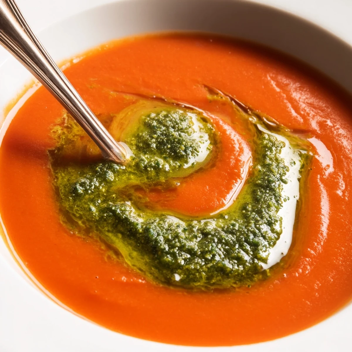 Silky, warm tomato soup with a bright basil pesto swirl, served in a rustic white bowl with crusty bread.  