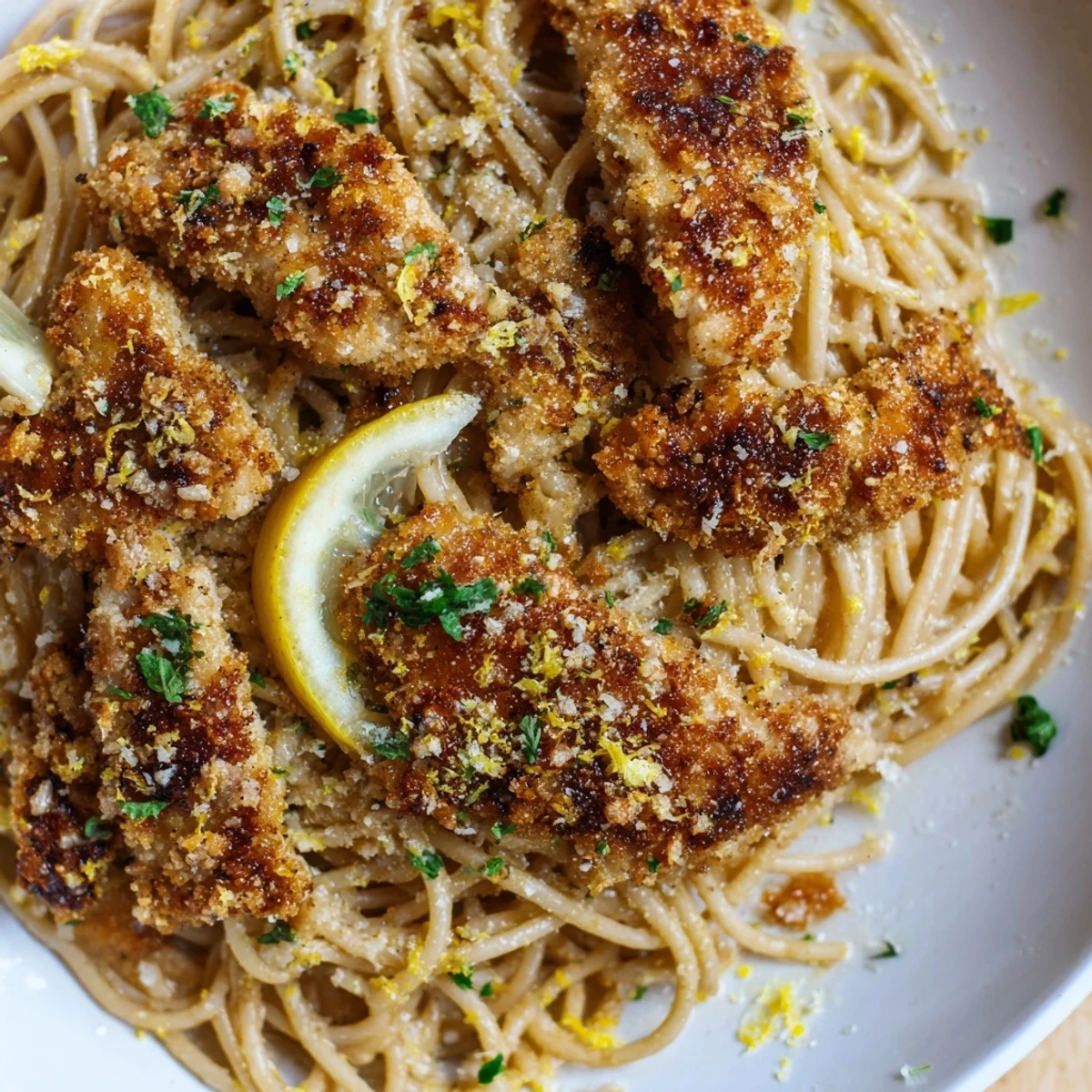Golden-brown chicken strips rest atop spaghetti tossed in nutty brown butter and bright lemon zest, garnished with fresh parsley.