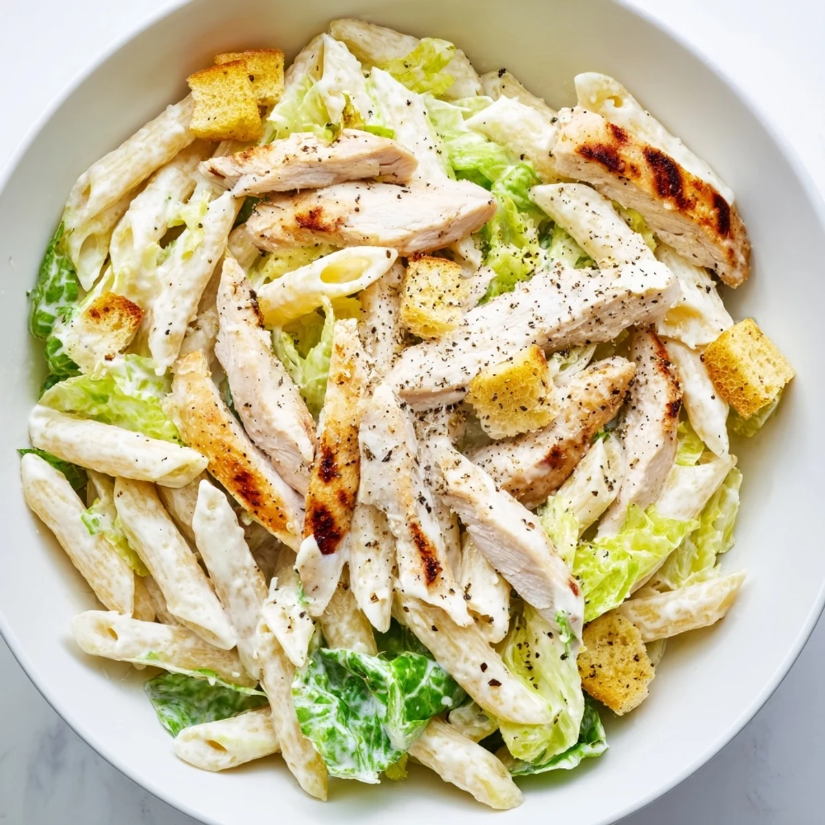 Grilled chicken strips and penne pasta tossed with crisp romaine and creamy Caesar dressing.