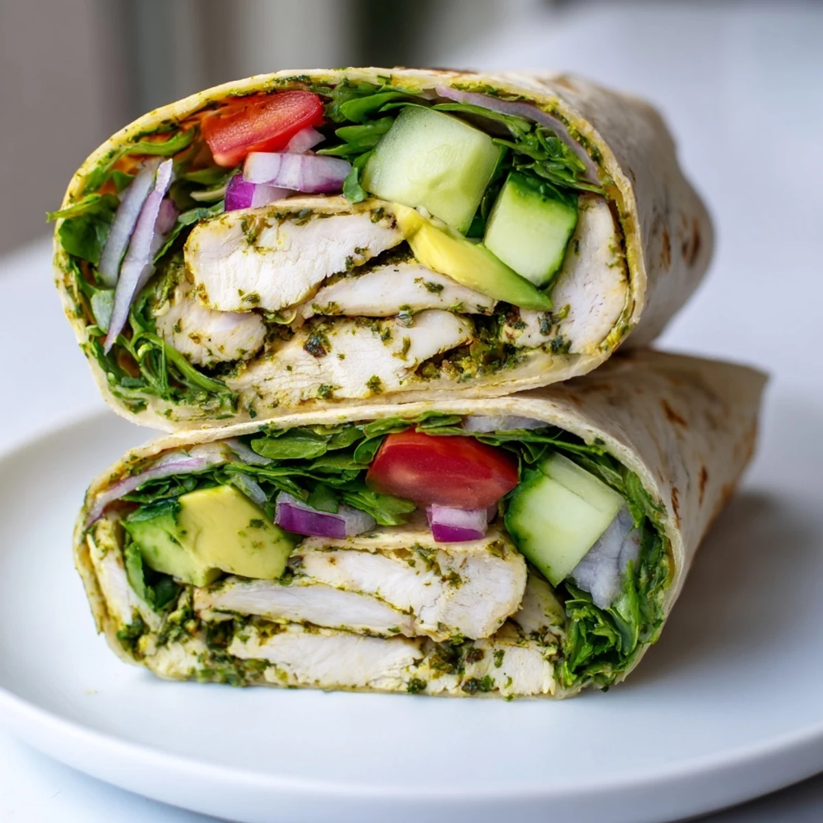 Fresh herbaceous Chimichurri Chicken Salad Wrap loaded with tomato, cucumber, and avocado for a satisfying lunch.