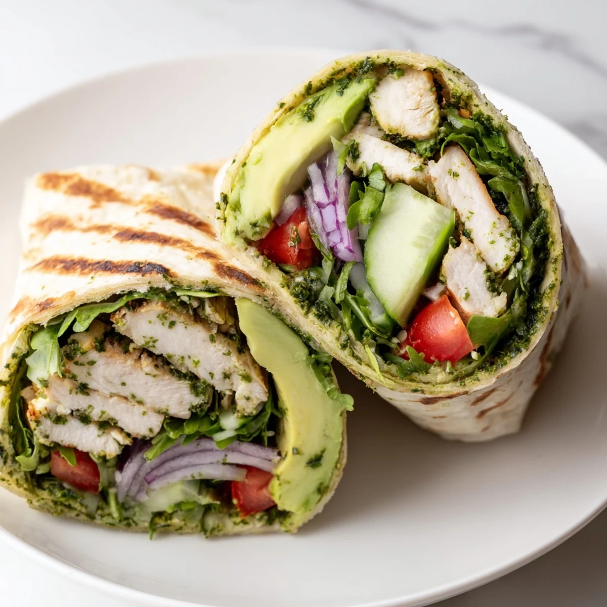 Juicy grilled chicken slices wrapped in a soft tortilla with crisp greens and vibrant green chimichurri sauce.
