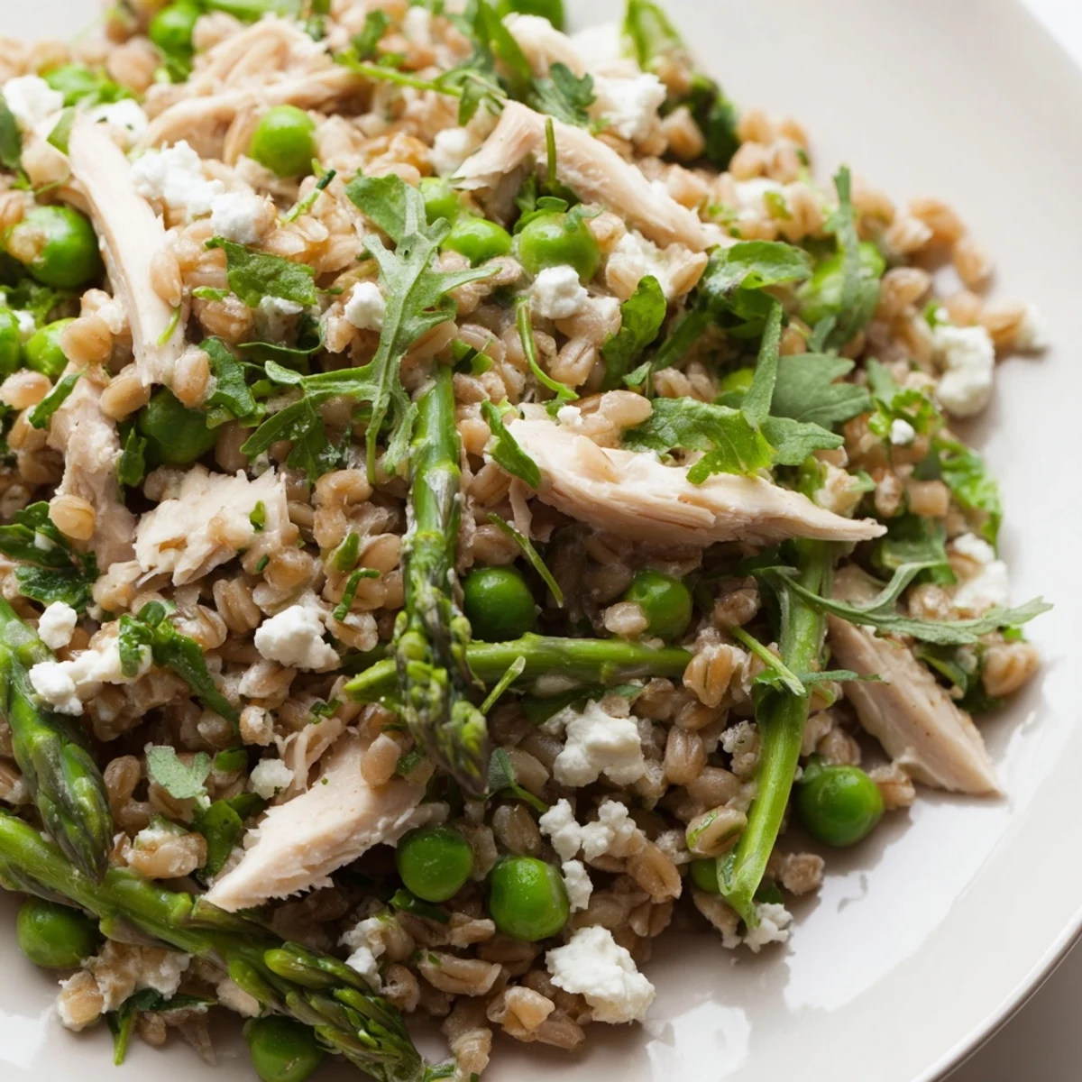 Sliced grilled chicken and tender farro combine with bright green asparagus and peas in this Warm Spring Farro Chicken Salad, finished with a zesty lemon vinaigrette.