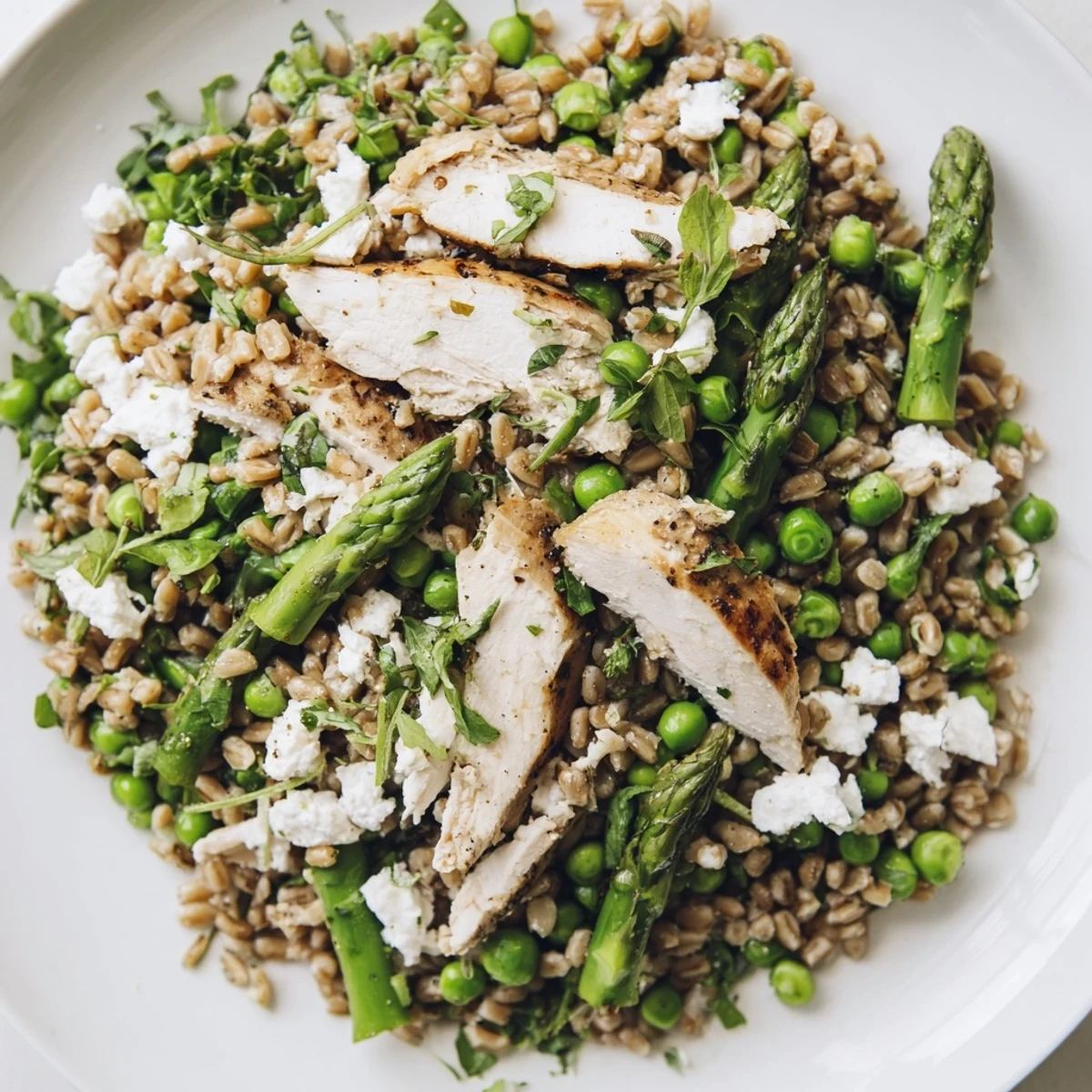 A hearty serving of Warm Spring Farro Chicken Salad features juicy chicken, crisp asparagus, and sweet peas tossed with peppery arugula and a light lemon dressing.