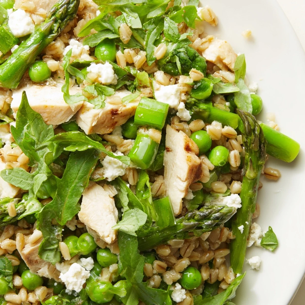 Enjoy this wholesome Warm Spring Farro Chicken Salad as a light lunch or dinner, garnished with fresh herbs and optional crumbled feta for a creamy tang.