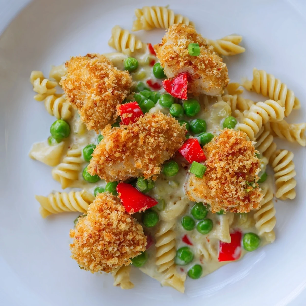 Golden crispy chicken bites rest on a bed of rotini pasta tossed with sweet peas and red bell peppers, all coated in creamy ranch dressing.