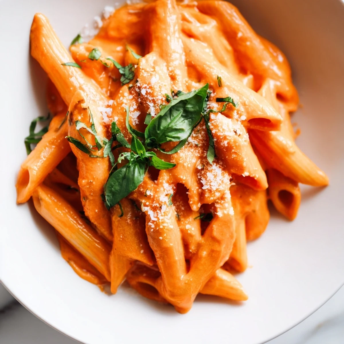 Creamy Roasted Red Pepper Pasta is twirled in a skillet, showcasing its vibrant orange sauce clinging to penne and topped with fresh basil.  