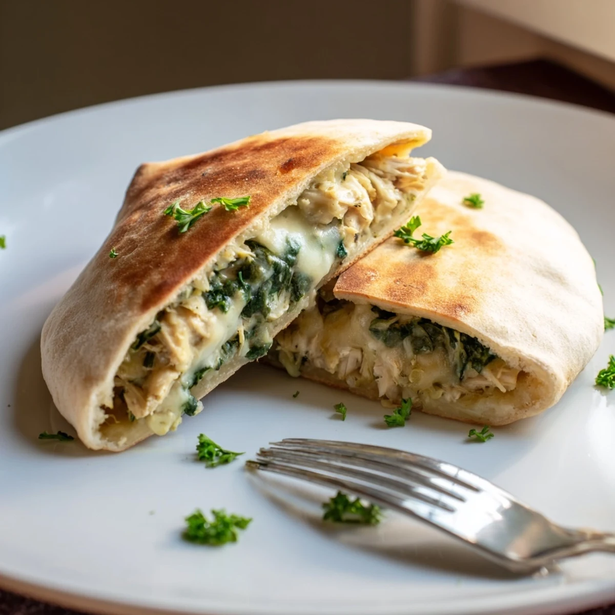 Crusty baked pita halves reveal a rich spinach artichoke chicken filling, garnished with fresh parsley.