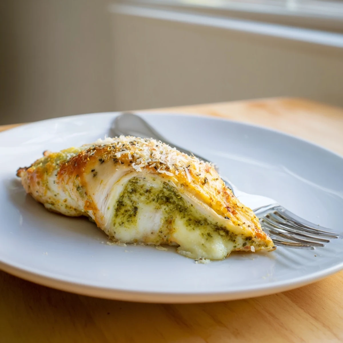 Italian-style Mozzarella & Pesto Stuffed Chicken garnished with fresh basil and herbs, baked to juicy perfection in a ceramic baking dish.