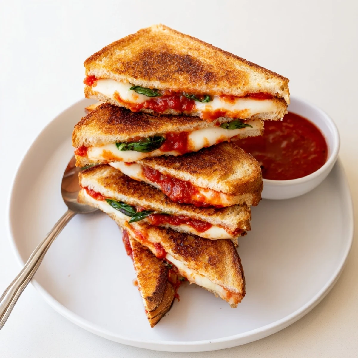 Golden, melty Caprese Grilled Cheese Dippers on a plate, with fresh tomato slices and basil tucked inside the crispy sourdough.