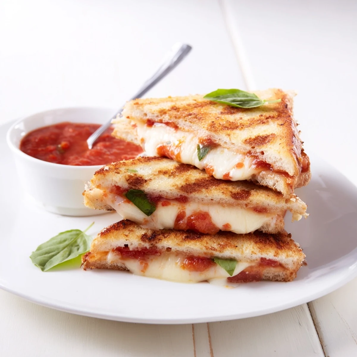A close-up of warm Caprese Grilled Cheese Dippers, their cheesy centers stretching as a dippable strip is lifted from the plate.