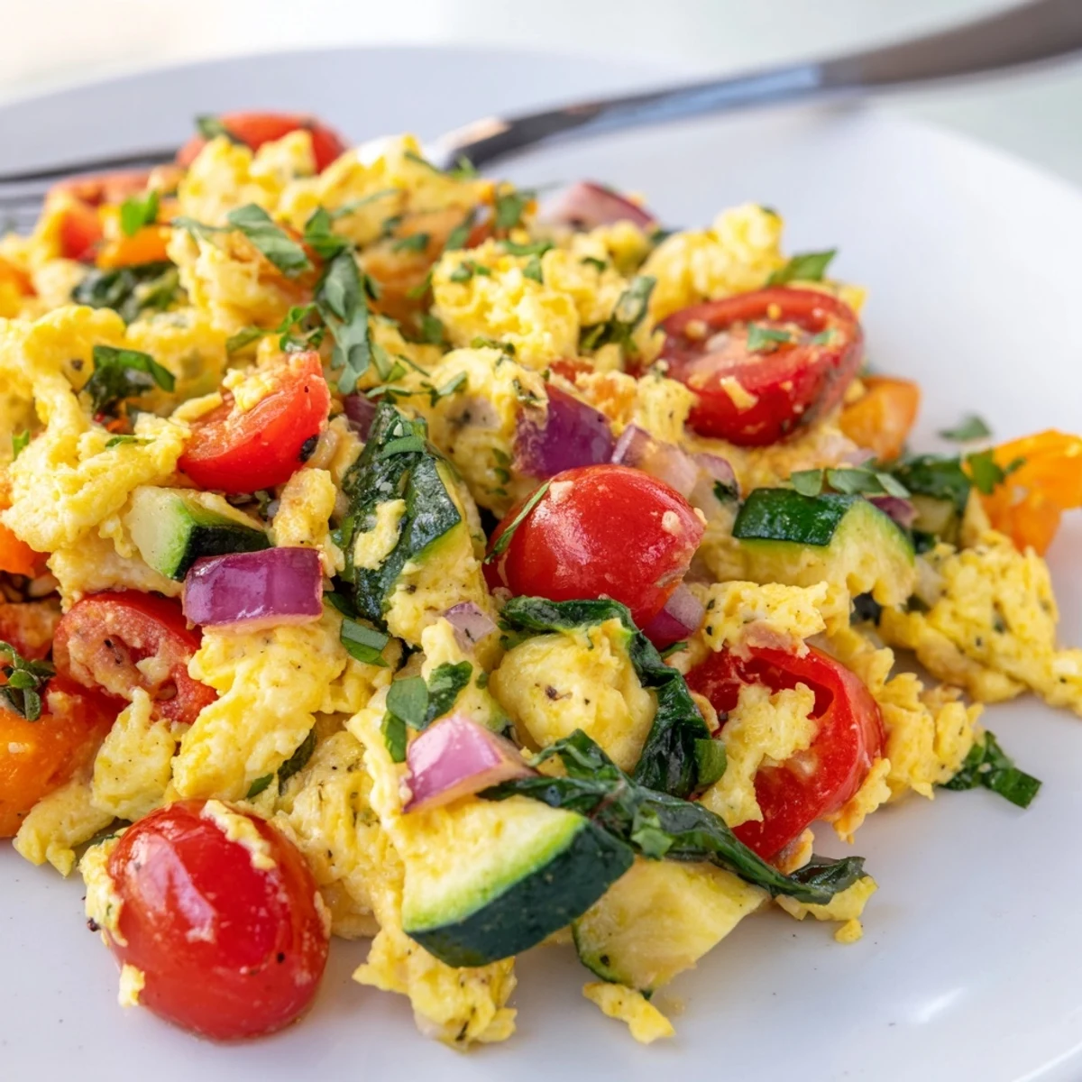 A close-up of a fluffy Egg and Vegetable Scramble in a skillet, featuring scrambled eggs mixed with red bell peppers, green spinach, and diced zucchini.