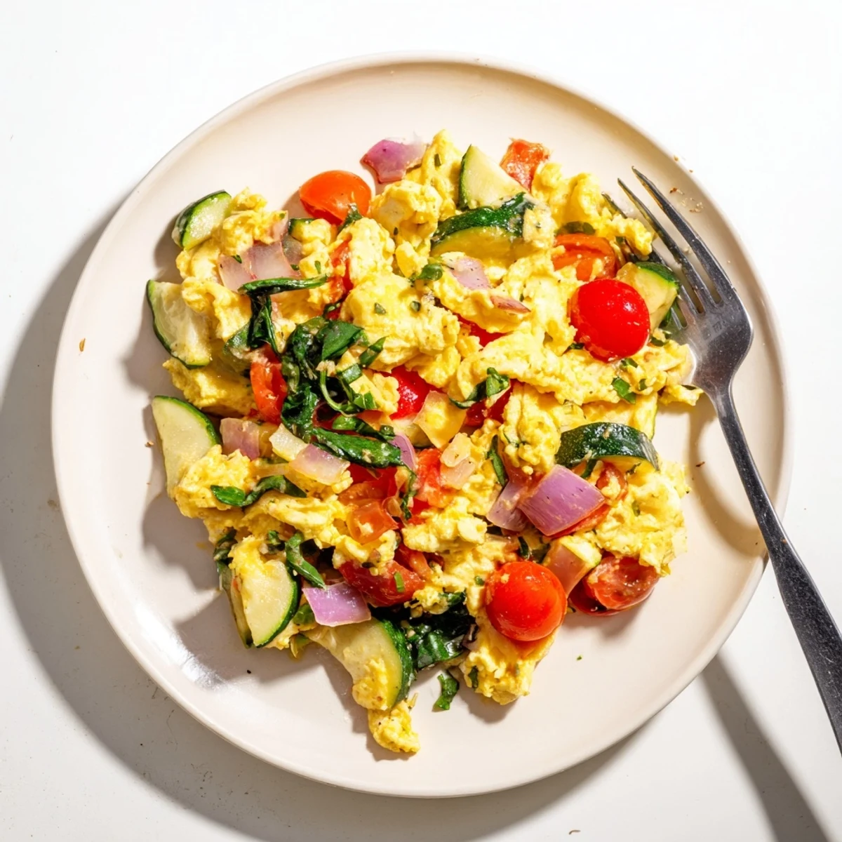 Soft, fluffy scrambled eggs in a pan, dotted with halved cherry tomatoes, fresh spinach, and diced red onions, ready for a quick breakfast.