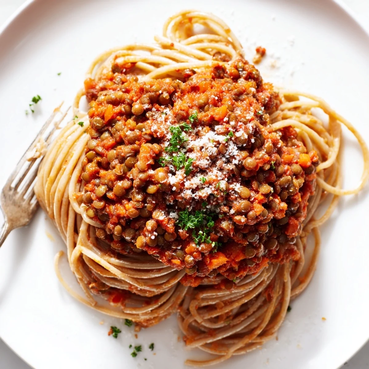 A close-up of hearty Lentil Bolognese sauce served over spaghetti, garnished with fresh basil and grated Parmesan.  