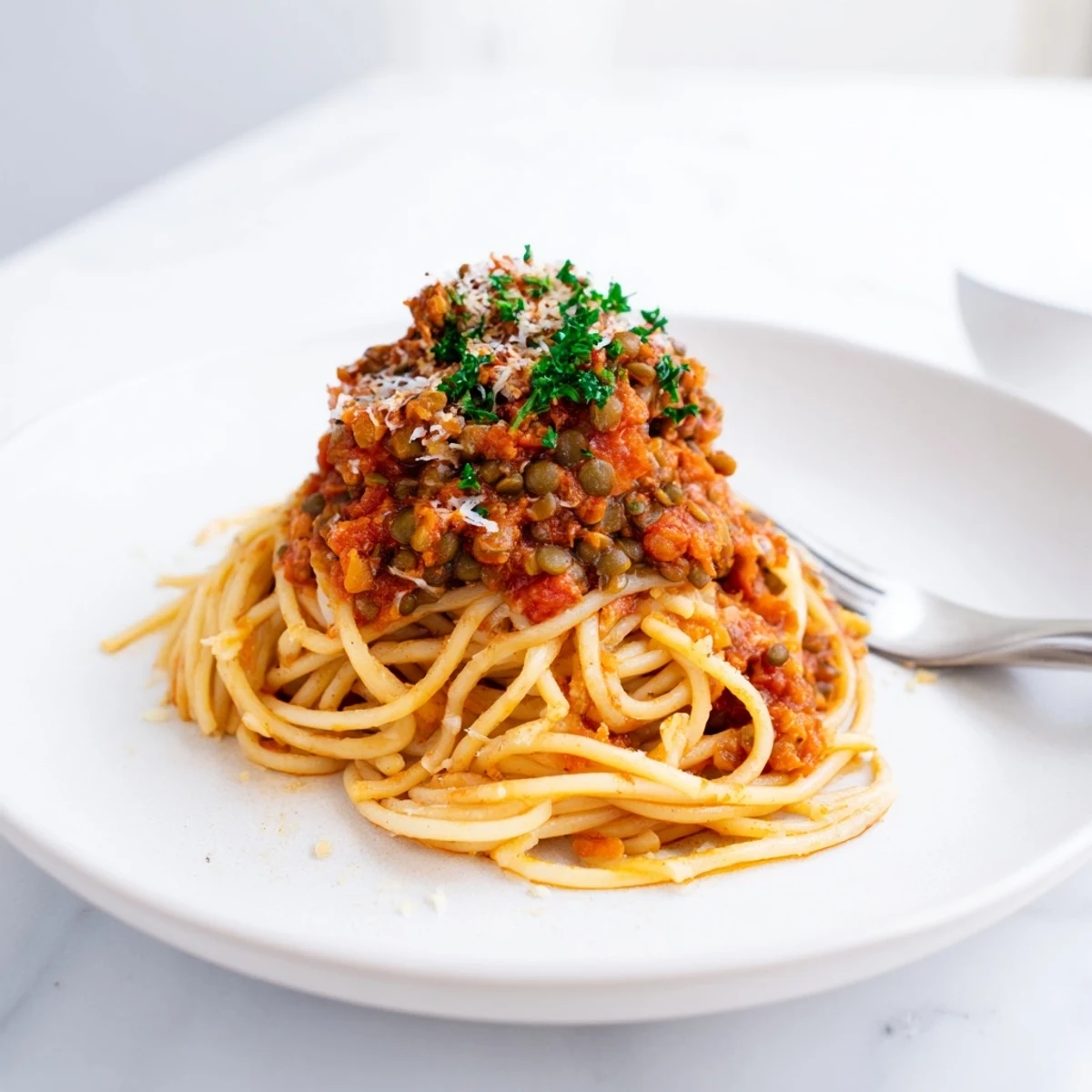 Rich, simmered Lentil Bolognese sauce clinging to al dente spaghetti in a white bowl, topped with fresh basil.