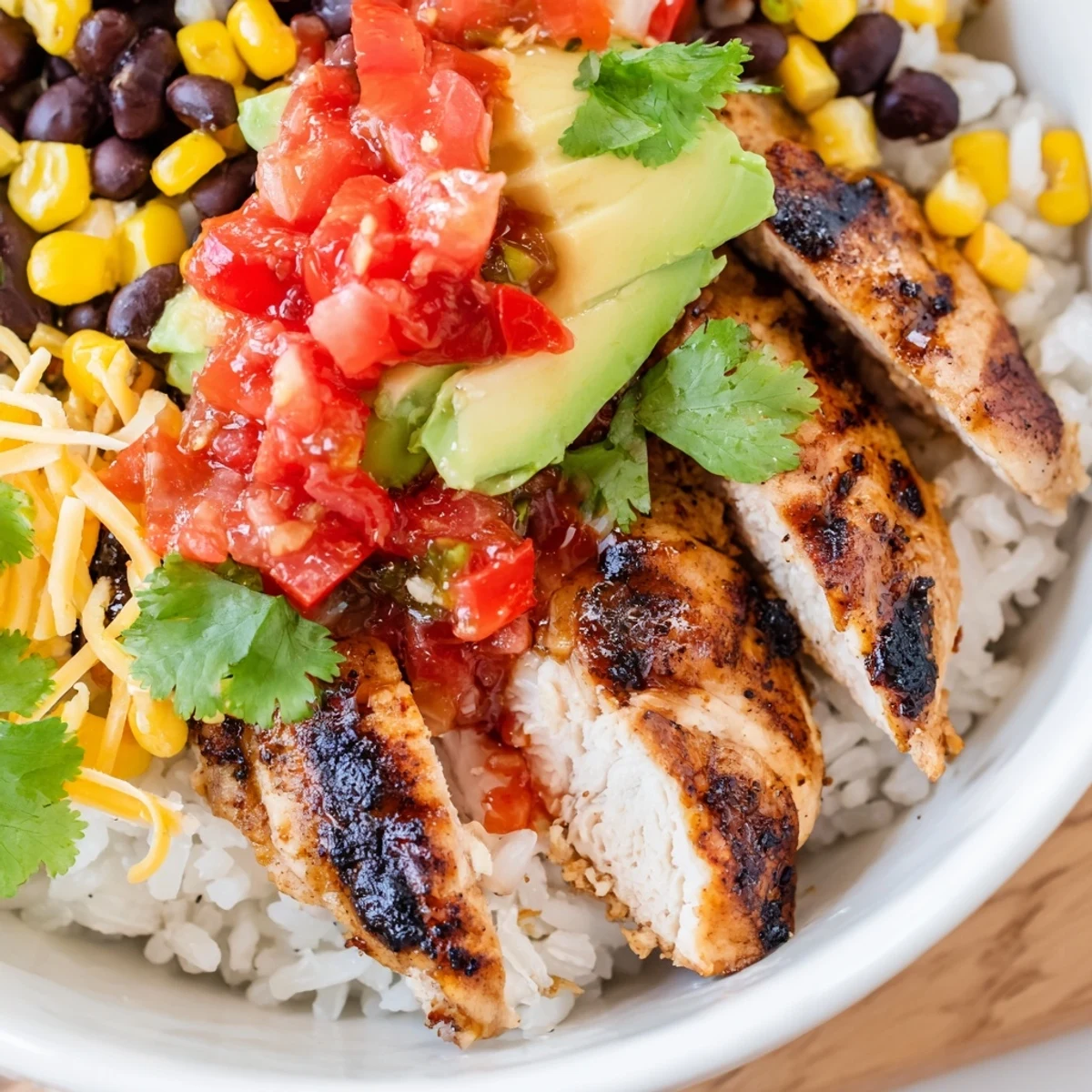 Grilled spicy chicken burrito bowl with fluffy rice, black beans, sweet corn, and zesty salsa topped with avocado slices.