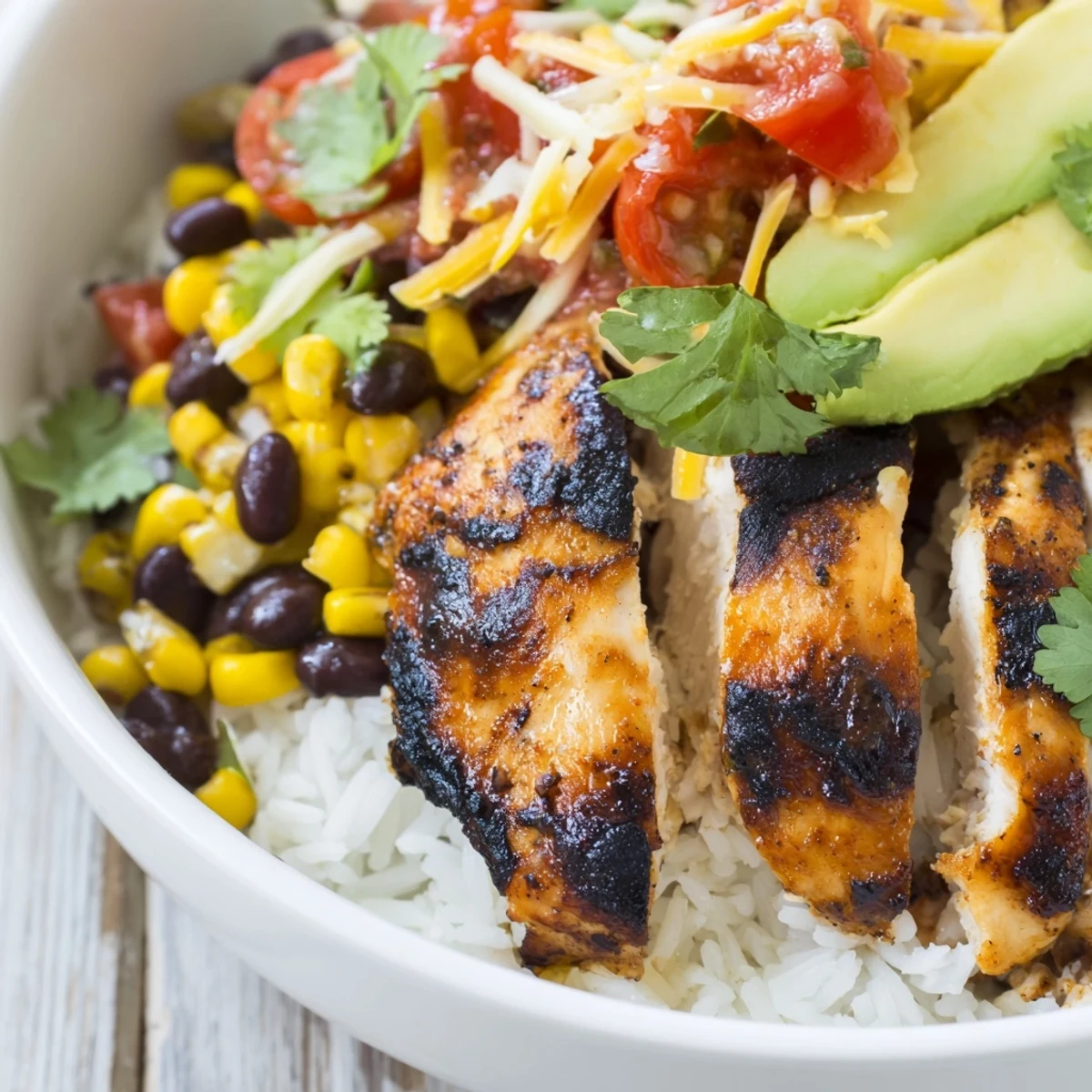 A vibrant Tex-Mex spicy chicken burrito bowl featuring charred chicken, warm beans, corn, and fresh cilantro garnish.