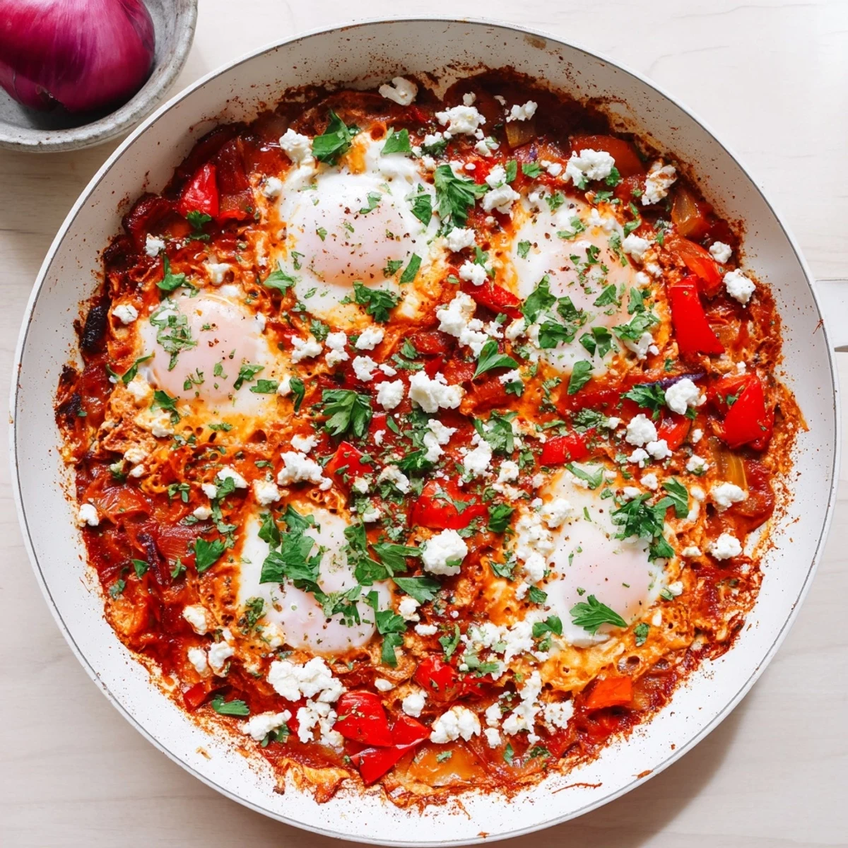 Shakshuka served in a cast-iron skillet, garnished with fresh parsley and crumbled feta, ready to be scooped up with bread.
