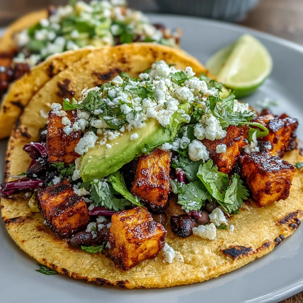 Vibrant Black Bean and Sweet Potato Tacos bursting with fresh, colorful toppings.