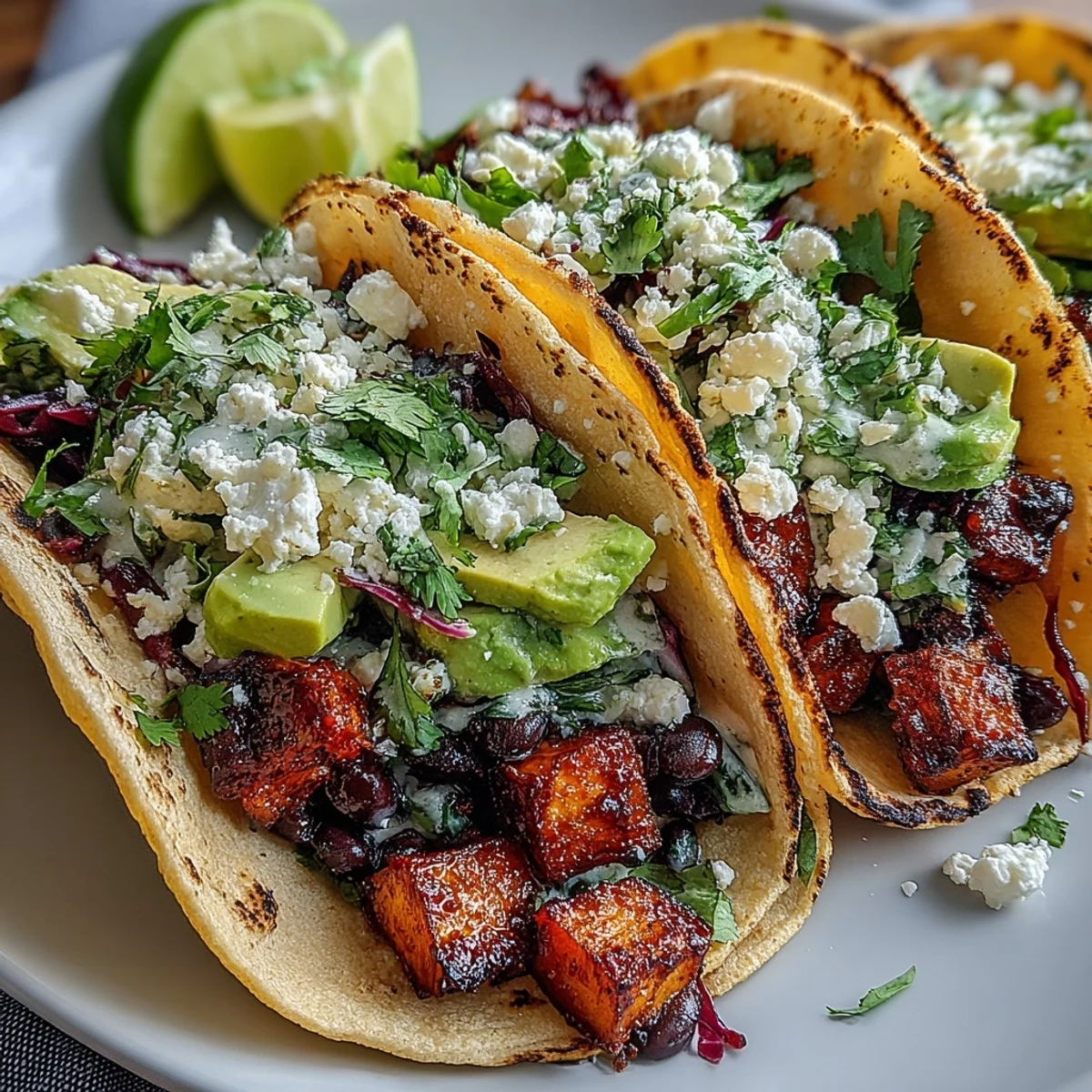 Hearty Black Bean and Sweet Potato Tacos piled high with tender, roasted goodness.