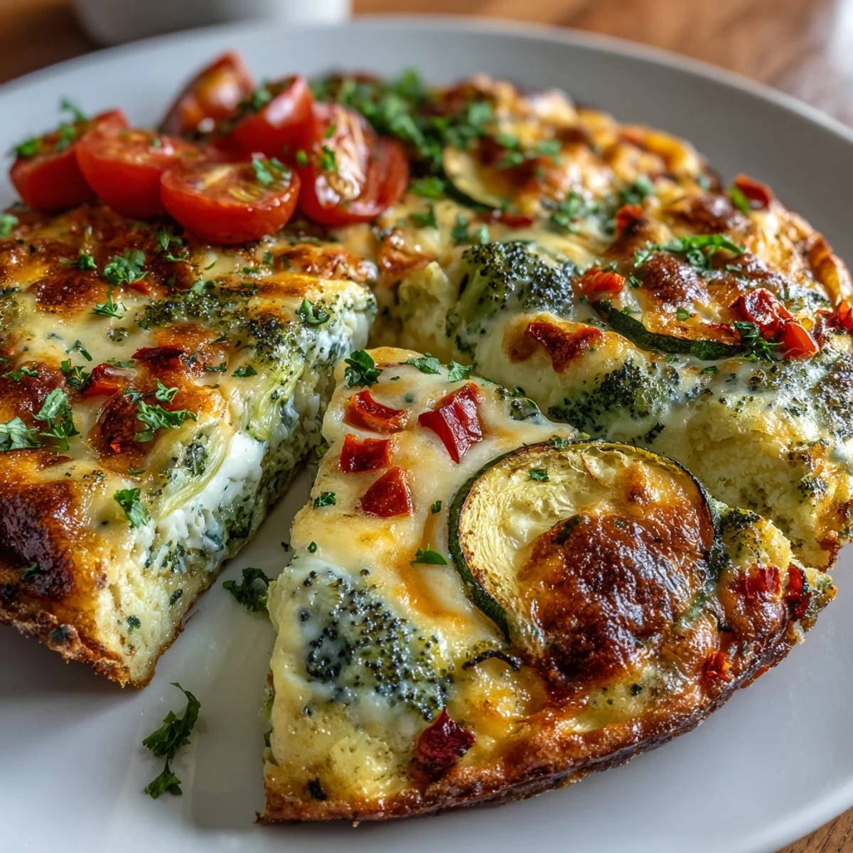 Golden-brown Vegetable Frittata in a skillet, featuring vibrant broccoli, bell peppers, and zucchini, topped with melted cheese for a perfect brunch.  