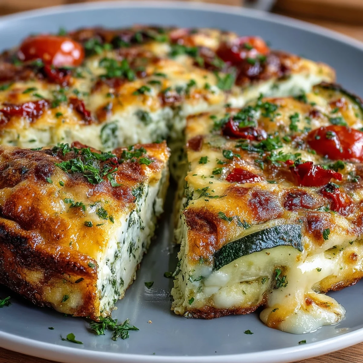 A close-up of a slice of Vegetable Frittata, showing fluffy eggs studded with red bell pepper, cherry tomatoes, and fresh herbs.  