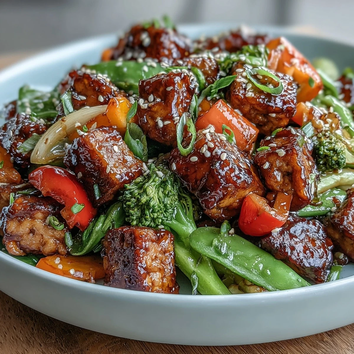 A steaming bowl of Vegetable Tempeh Stir-Fry, garnished with fresh cilantro and toasted sesame seeds, ready to serve over fluffy white rice.