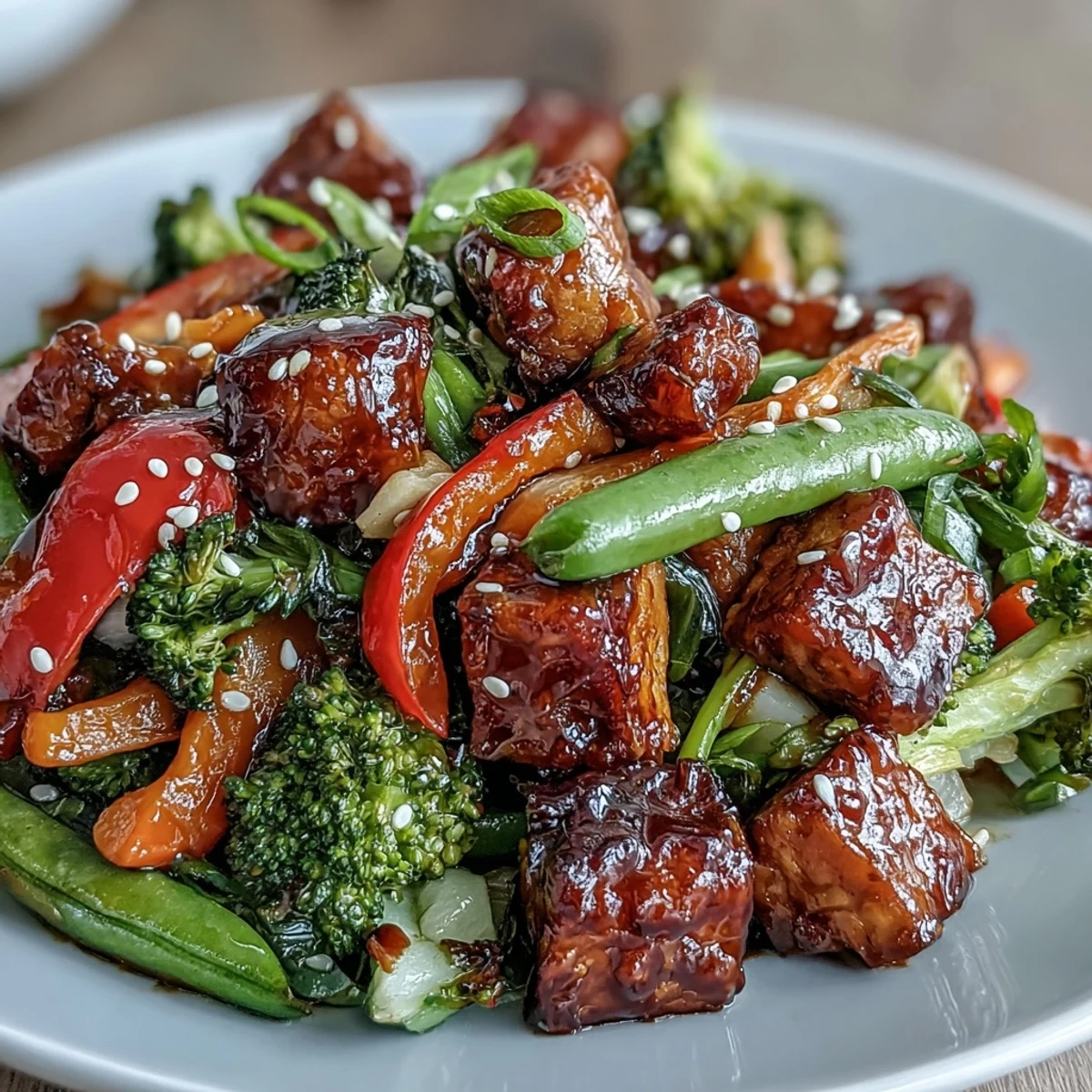 Golden tempeh cubes and a rainbow of crisp vegetables like red bell peppers and broccoli, tossed in a glossy, savory sauce in a hot wok.
