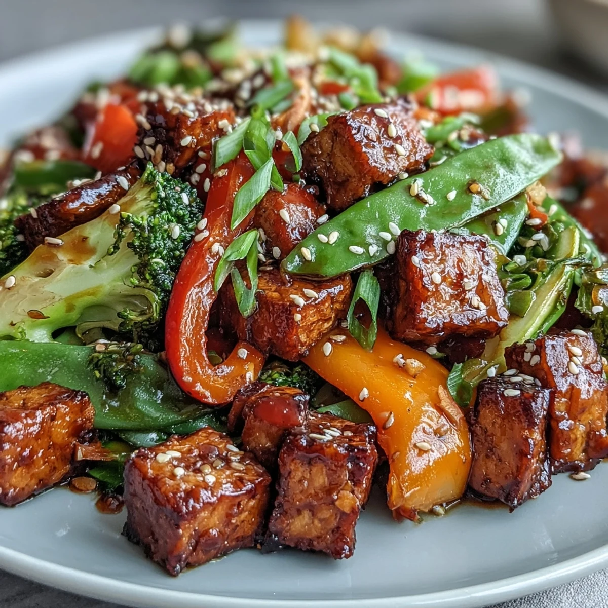 Close-up view of a vibrant Vegetable Tempeh Stir-Fry, highlighting the tender-crisp sugar snap peas and julienned carrots glistening with the aromatic glaze.