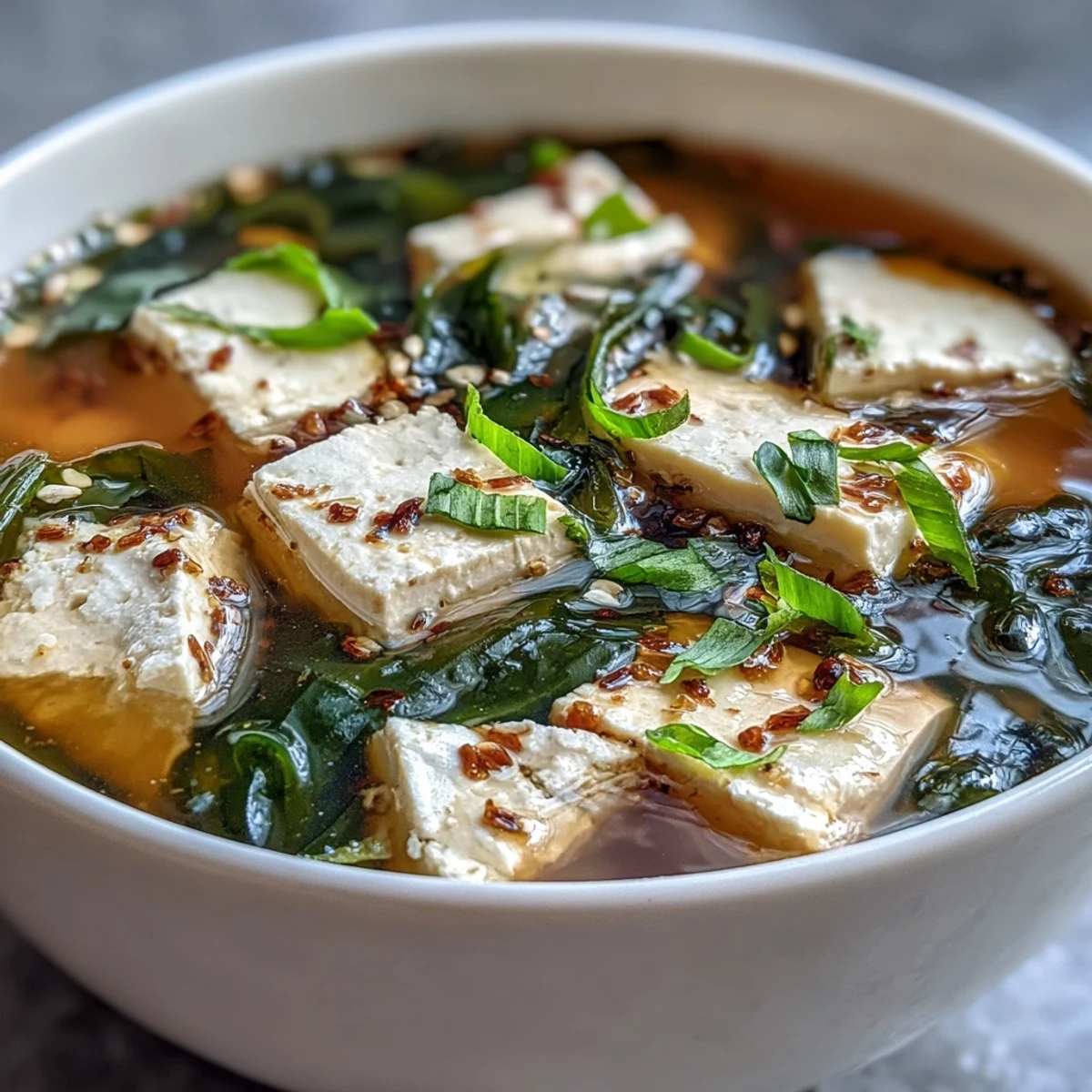 A bowl of steaming miso soup with tofu, featuring silky cubes, tender wakame seaweed, and fresh scallion garnish.  