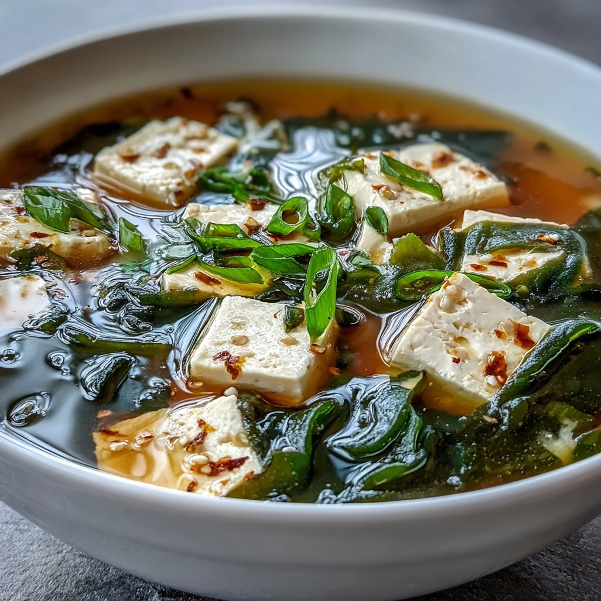 Close-up of miso soup with tofu, highlighting silky tofu cubes and wakame seaweed in savory dashi broth.