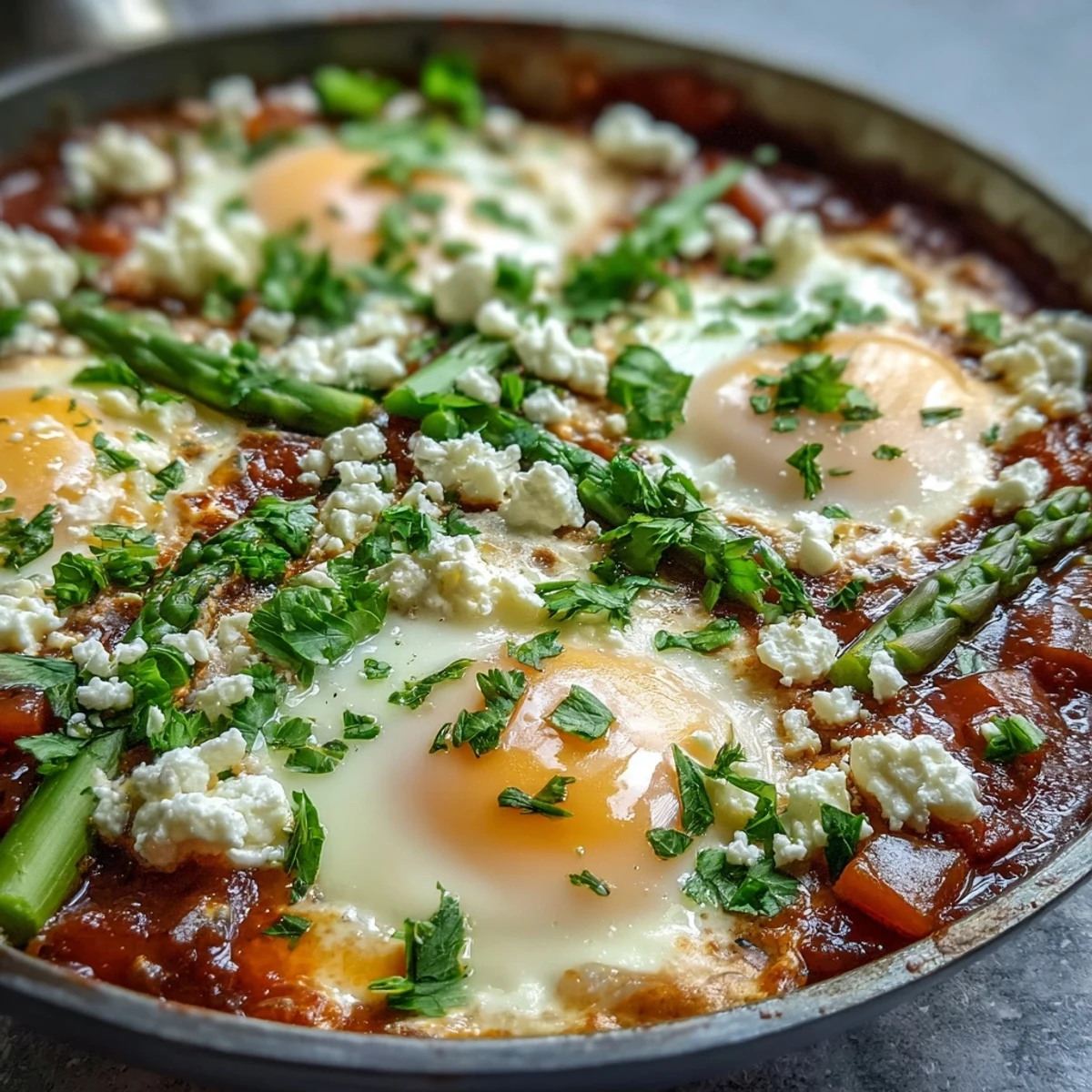 Spring-inspired Pea and Broad Bean Shakshuka with asparagus, topped with crumbled feta and fresh herbs, served directly from the skillet.