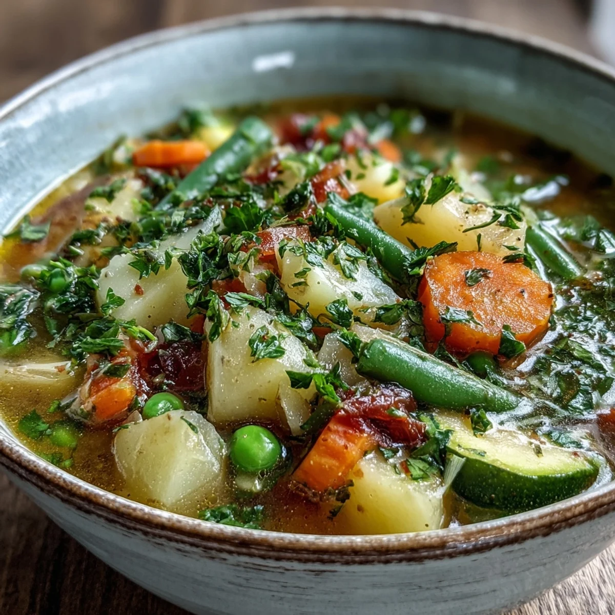 Steaming bowl of Potato and Vegetable Soup, ladle ready, crusty bread alongside for dipping.