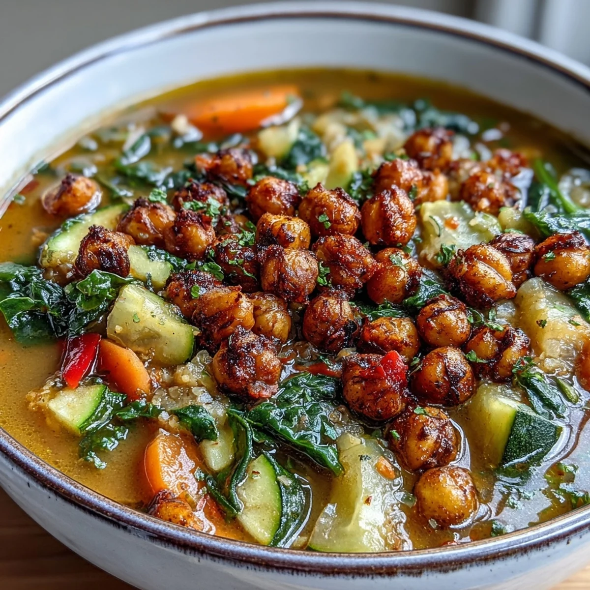 Golden, crispy roasted chickpeas topping a steaming bowl of Spiced Chickpea and Vegetable Soup with vibrant kale.