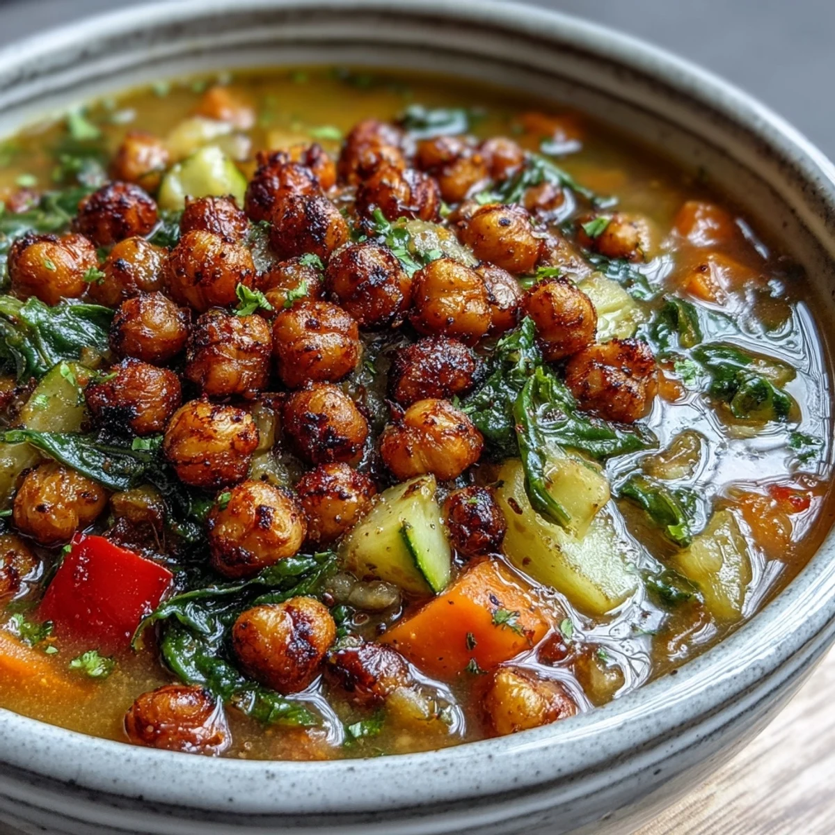 A close-up of Spiced Chickpea and Vegetable Soup garnished with fresh cilantro, lemon wedge, and rustic bread.