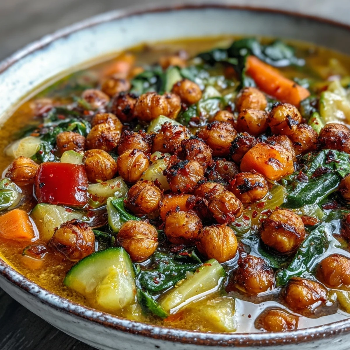 Spiced Chickpea and Vegetable Soup simmering in a pot with diced carrots, celery, and red bell peppers.