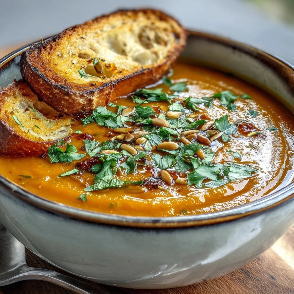 Deep orange roasted vegetable soup in a white bowl, garnished with fresh parsley and toasted seeds.