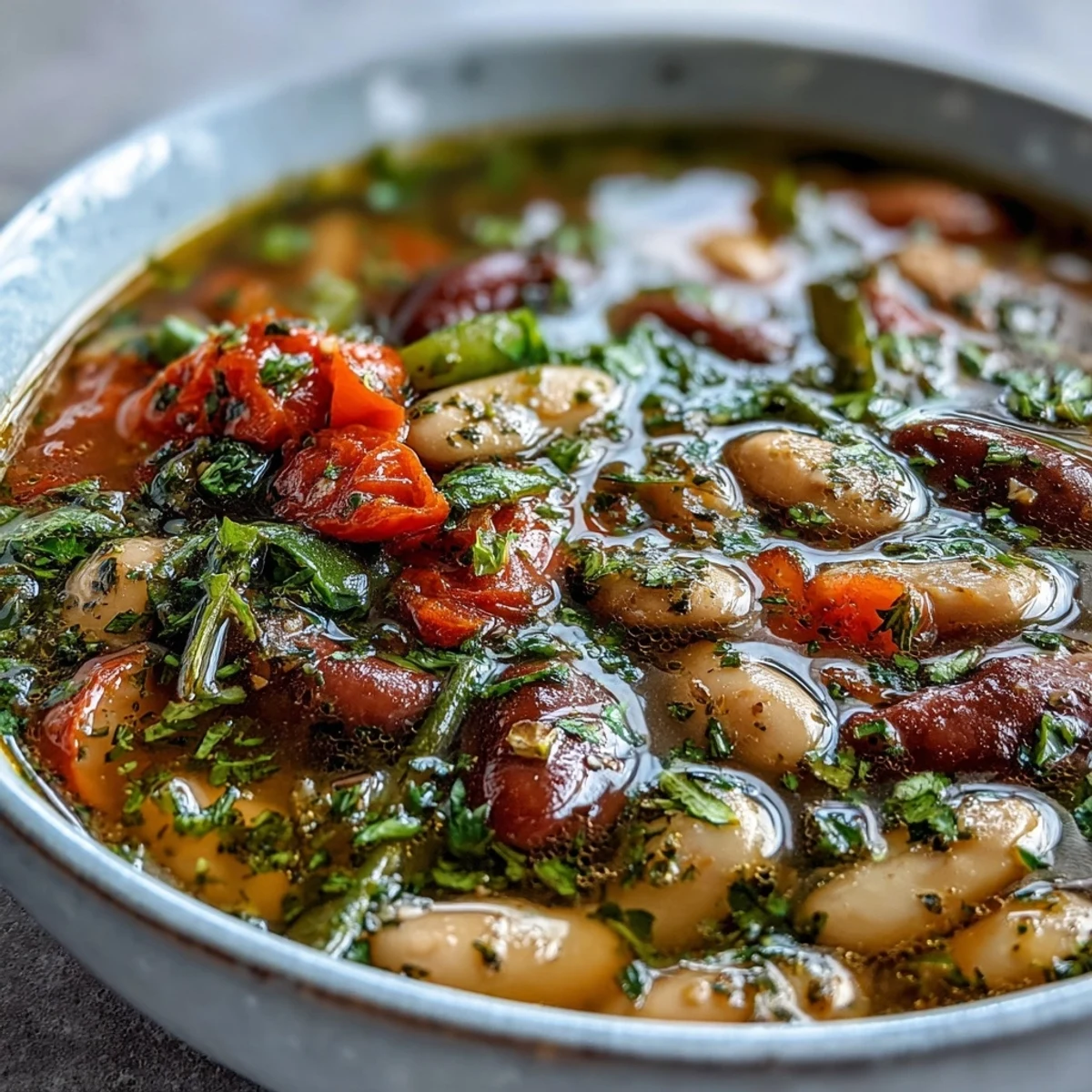 Steaming bowl of Three-Bean Salad Soup featuring colorful kidney, cannellini, and green beans in a tangy vinaigrette broth.