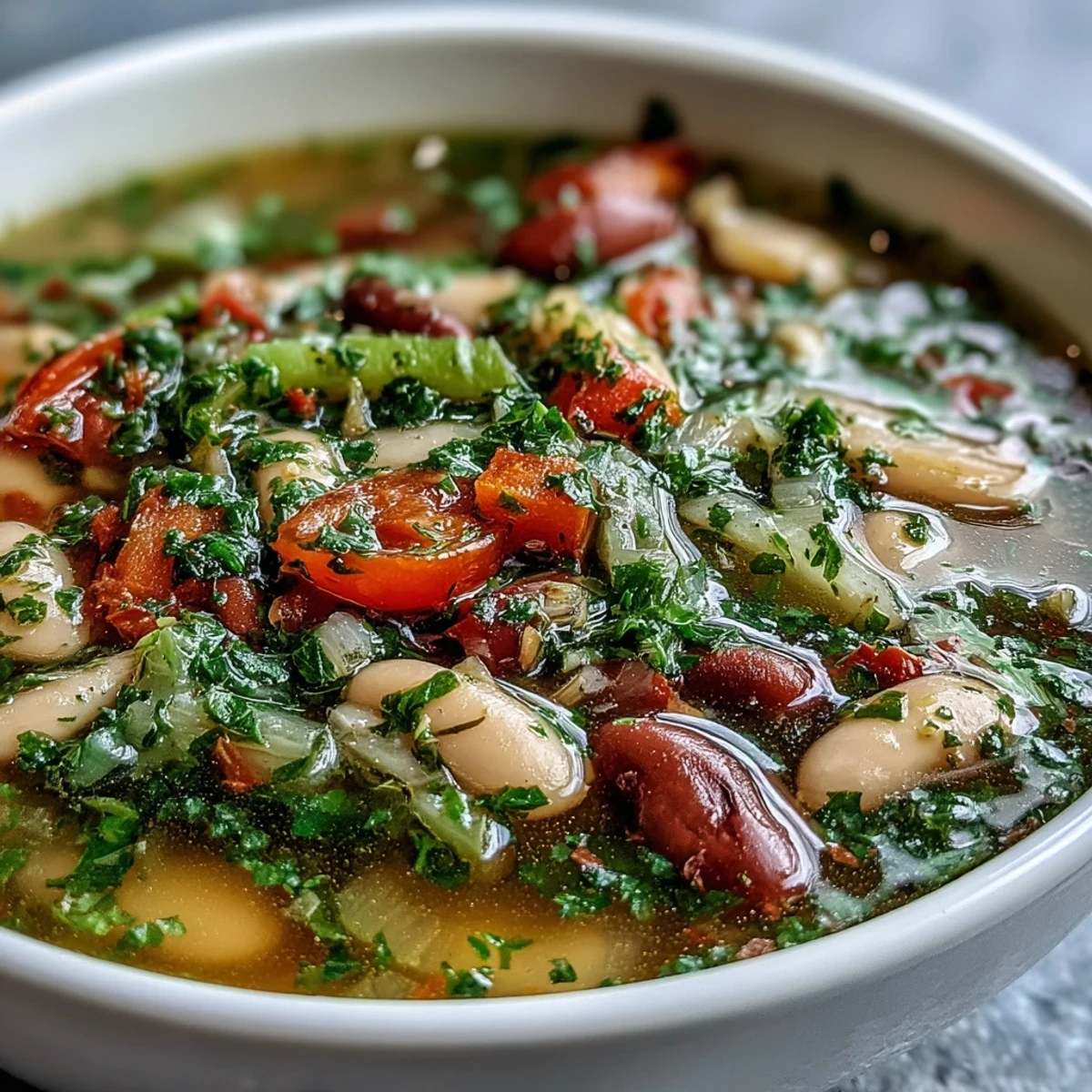 Vibrant Three-Bean Salad Soup simmering in a pot, revealing diced red bell pepper and celery in a savory vegetable broth.